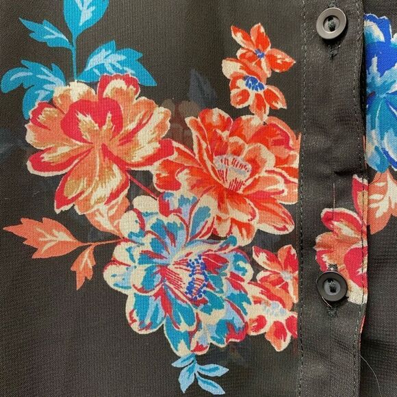 TIMING academia professor teacher sheer chiffon black floral button down blouse - Picture 4 of 8